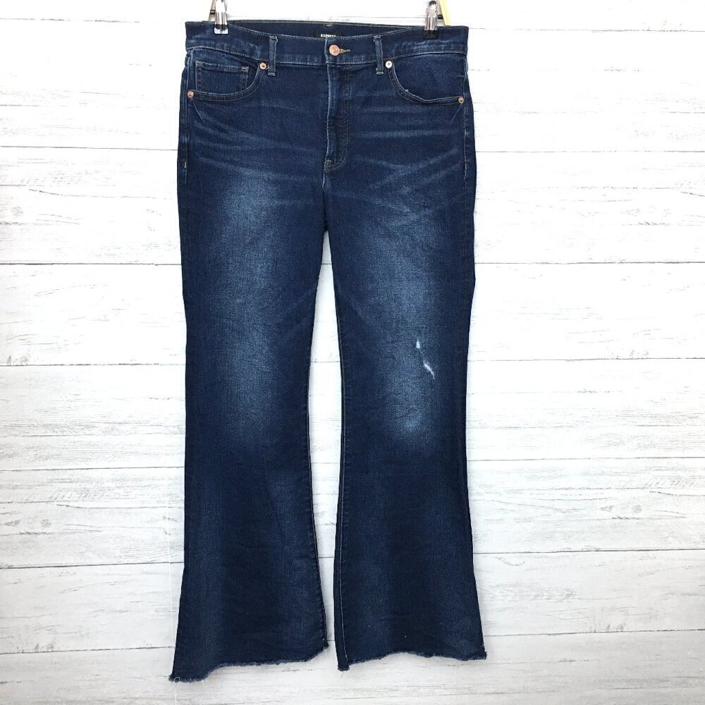 Express Women's Jeans 70's Flare Leg Mid Rise Distressed Fray Hems size 10